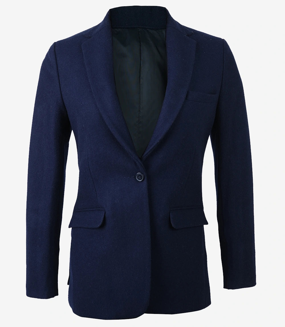 Women's Notch Lapel Navy Blue Wool Blazer - Single Button Closure